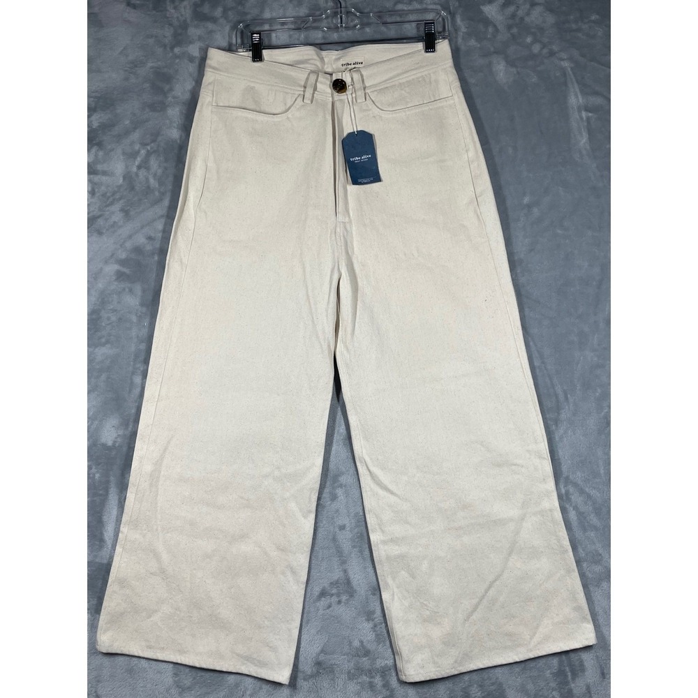 Tribe Alive Upcycled Denim Wide Leg Pants Cream Off-White High Rise Women 12 NEW